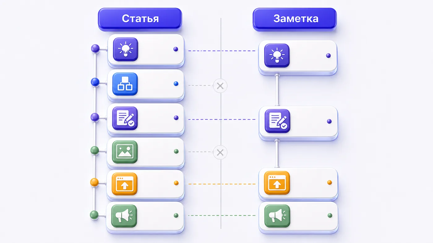 Сравнение маршрутов согласования статьи (6 шагов) и заметки (4 шага)
